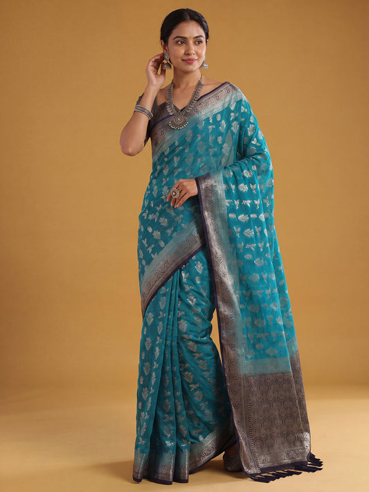 Teal blue satin banarasi saree
