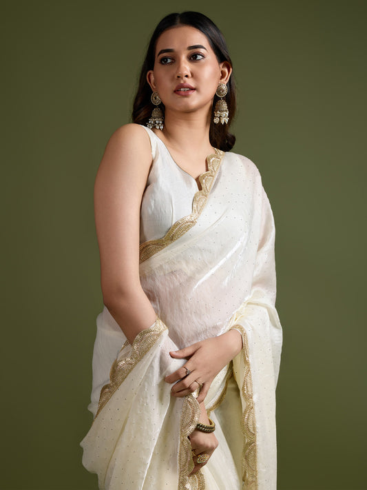 Off-White Fendi Chiffon Saree with Gold Sequin Work