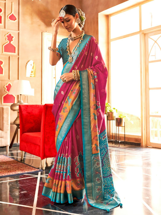 Grand Pink Silk Blend Patola Saree