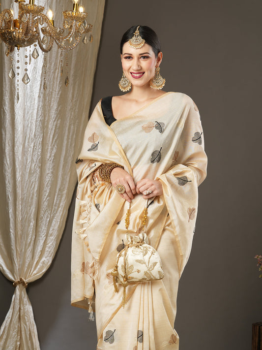 Cream Silk Saree with Woven Leaf Motifs
