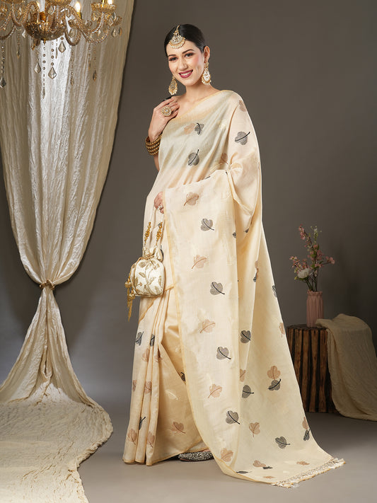 Cream Silk Saree with Woven Leaf Motifs