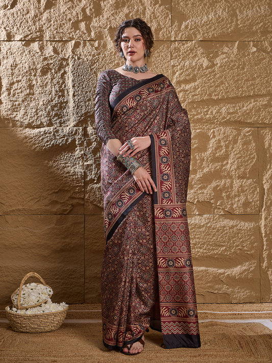 Maroon Ajrakh Print Silk Saree