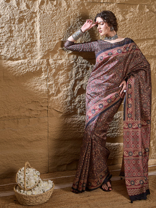 Maroon Ajrakh Print Silk Saree