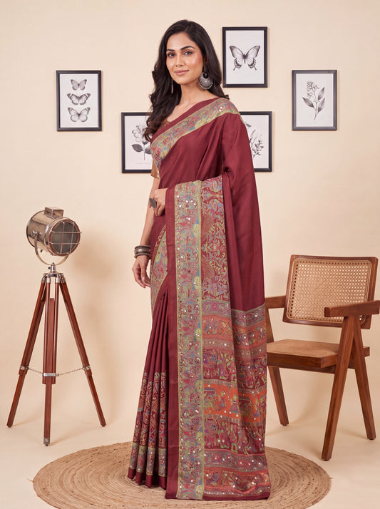 Maroon Kalamkari Print Mirror Saree