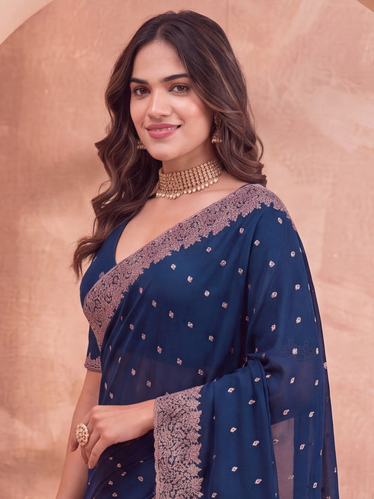 Navy Blue Bandhani Georgette Saree with Embroidered Border