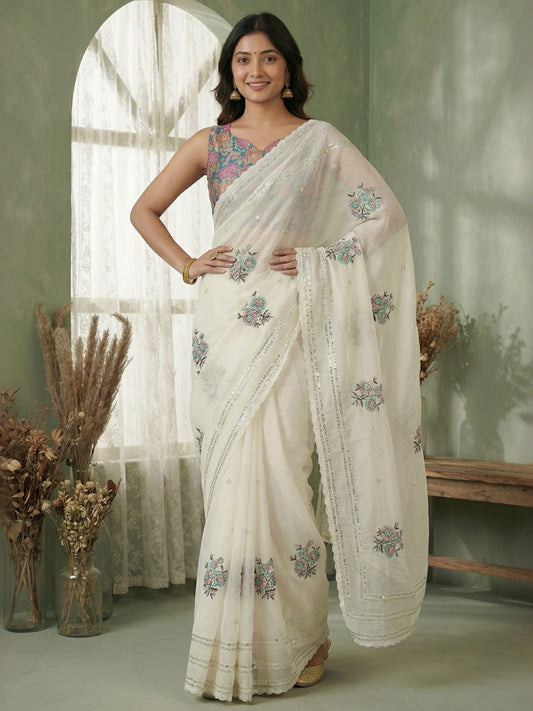 Ivory Organza Embroidered Saree with Floral Blouse
