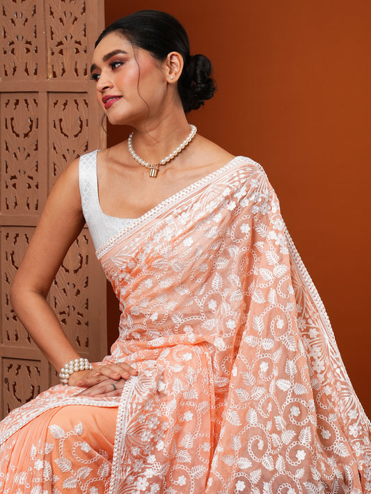 Peach Chikankari Georgette Saree with Lace Border