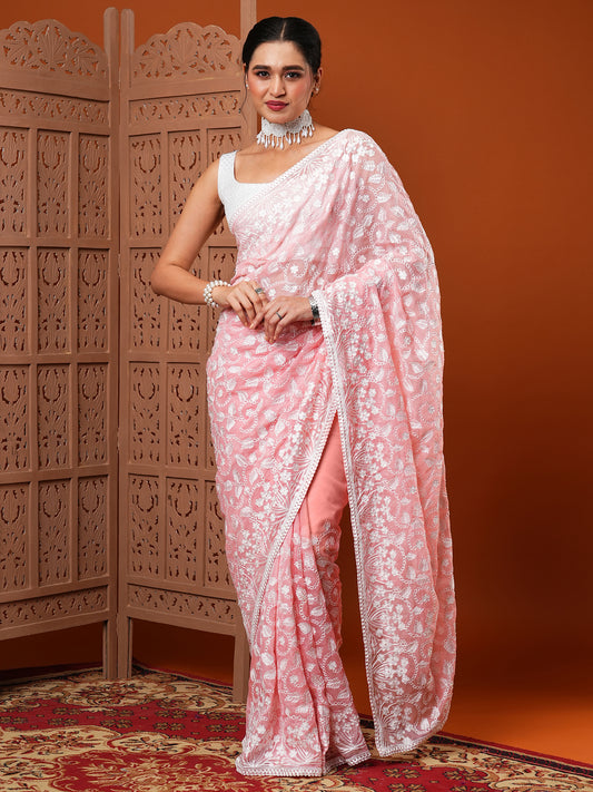 Light Pink Organza All-over White Floral Embroidery Scalloped Border Designer Blouse Saree