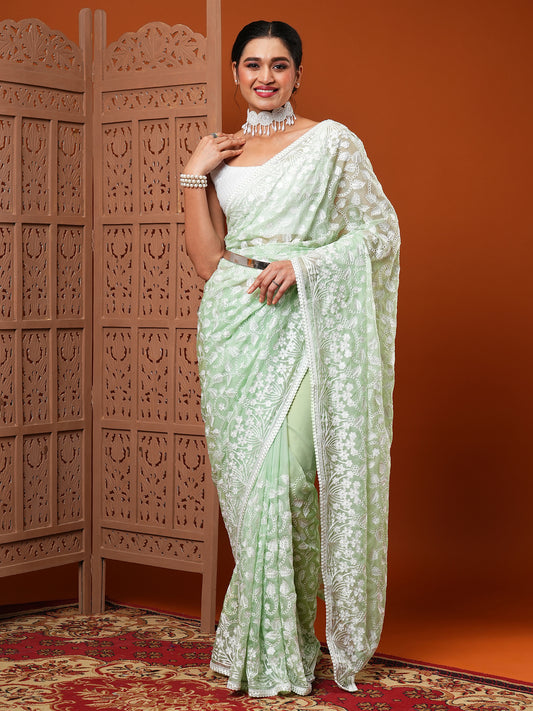 Pista Green Organza All-over White Floral Embroidery Scalloped Border Designer Blouse Saree