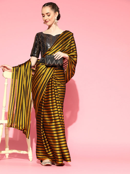 Black & Gold Striped Sequin Saree with Blouse