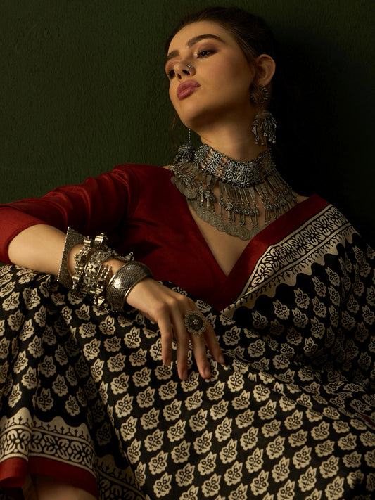 Ivory Bagh Print Bhagalpuri Silk Saree