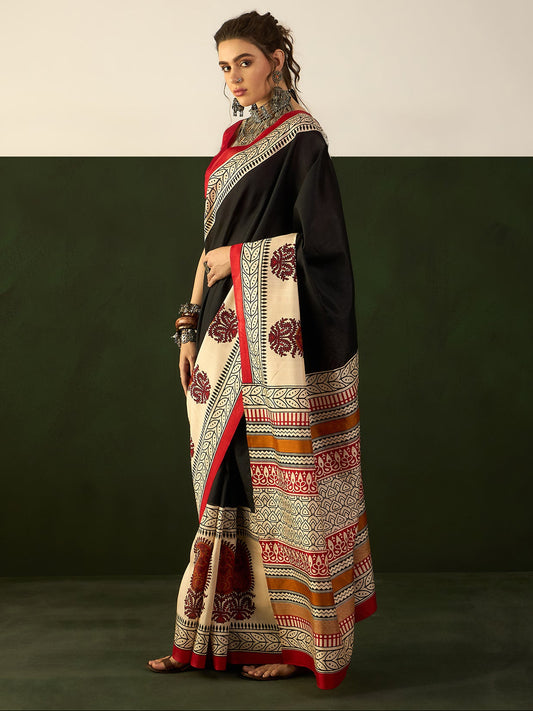 Black & Ivory Block Print Bhagalpuri Silk Saree