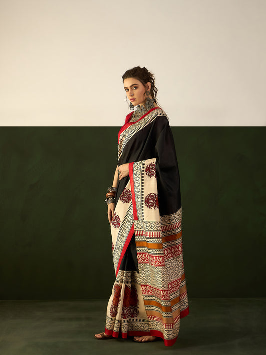 Black & Ivory Bagh Print Silk Saree