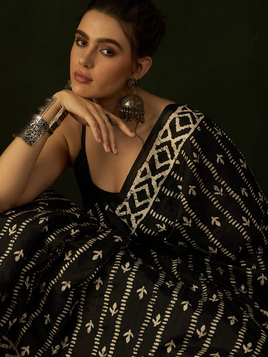 Black & Ivory Batik Bhagalpuri Silk Saree