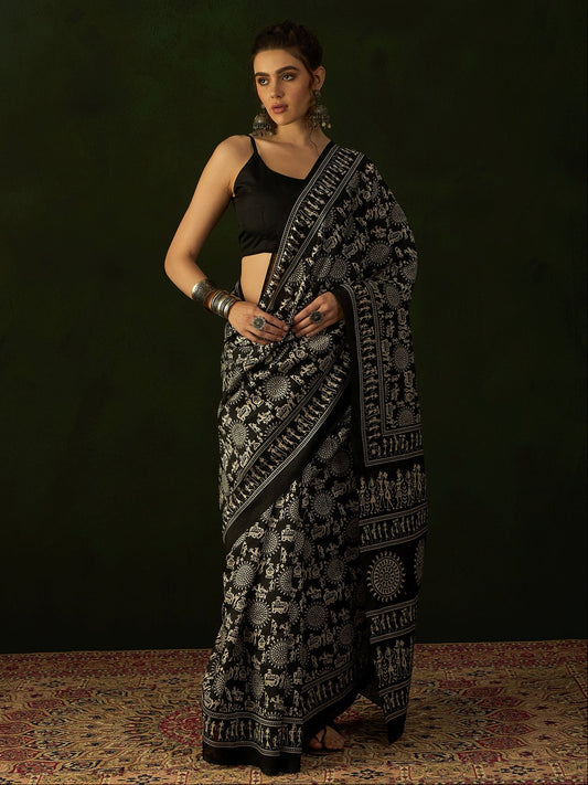 Black Warli Art Bhagalpuri Silk Saree