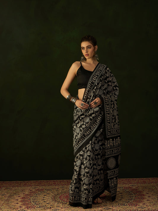 Black Warli Art Silk Saree with Ivory Tribal Print & Black Spaghetti Blouse
