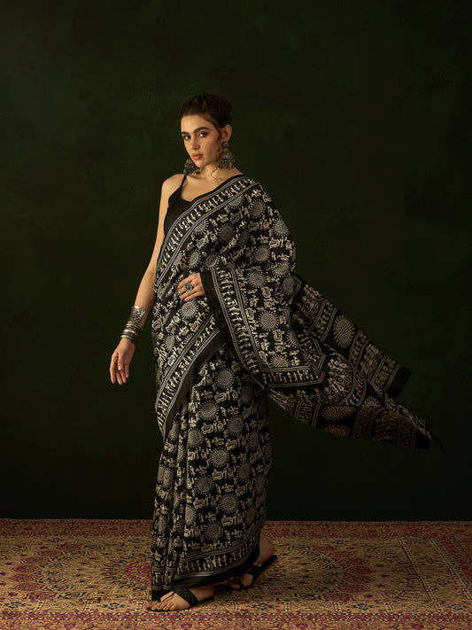 Black Warli Art Silk Saree with Ivory Tribal Print & Black Spaghetti Blouse