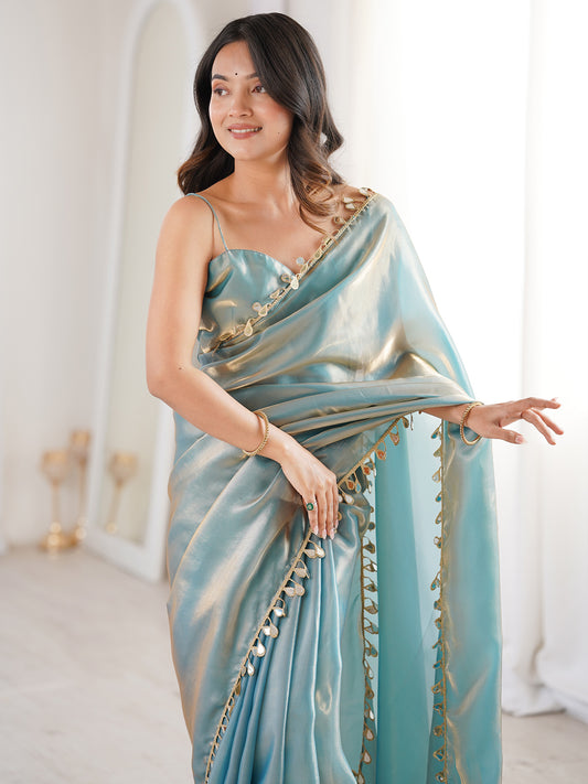 Light Blue Satin Party Wear Saree