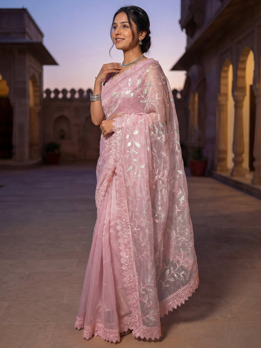 Pink Organza Embroidered Saree with Lace Border