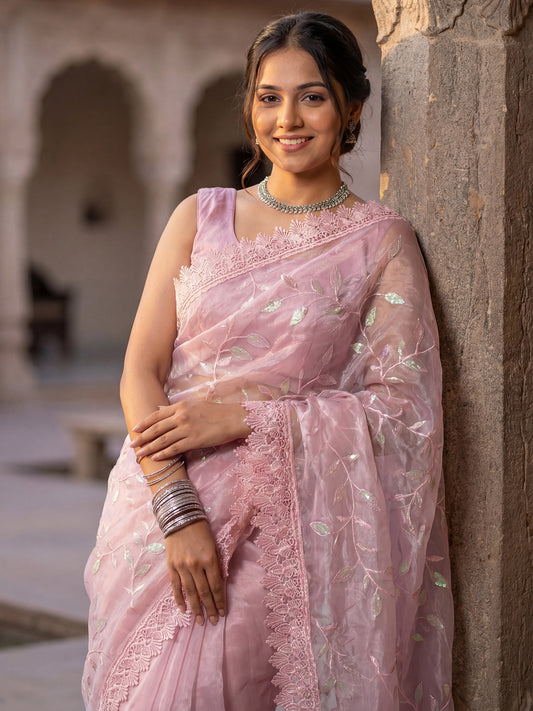 Pink Organza Embroidered Saree with Lace Border