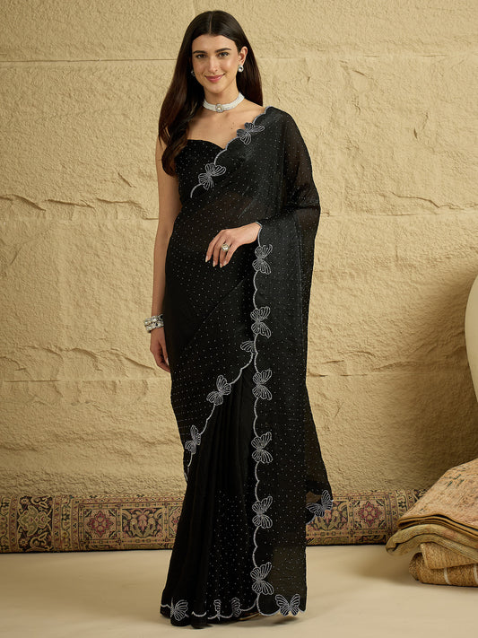 Midnight Black Georgette Saree with Butterfly Cut-Work