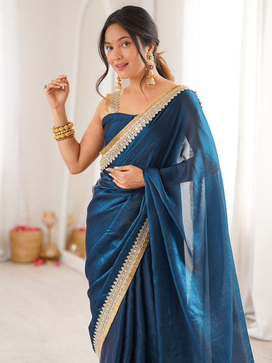 Navy Blue Organza Saree with Mirror-Work Border