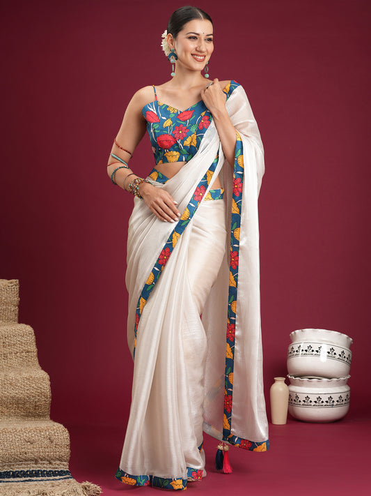 Off-White Shimmer Chiffon Saree