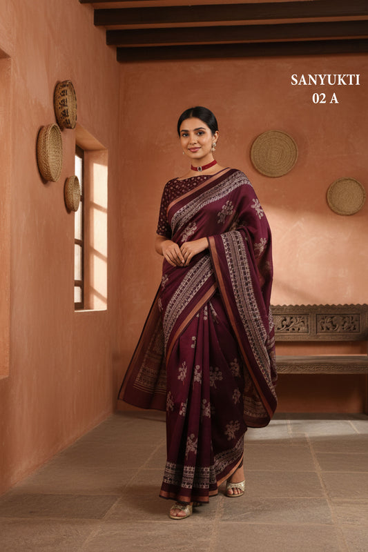 Liva Wine Floral Printed Saree with Traditional Border