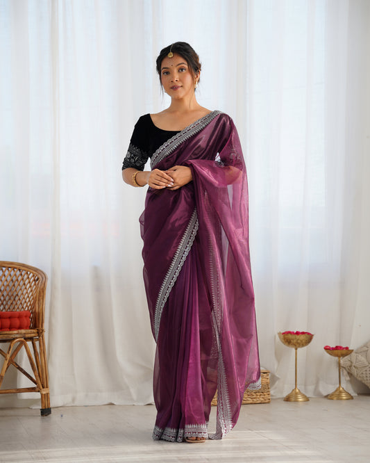 Organza Saree with Embroidered Border & Blouse