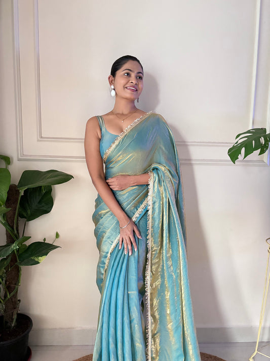 Sky Teal Blue Tissue Silk Saree