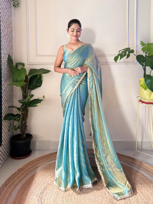 Sky Teal Blue Tissue Silk Saree