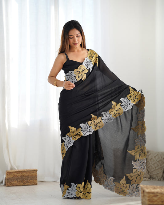 Black Georgette Saree with Gold & Silver Leaf Embroidery