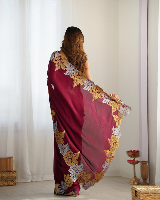 Maroon Georgette Saree with Gold & Silver Leaf Embroidery