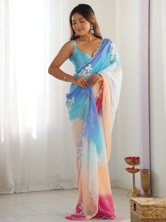 Sky Blue to Pink Ombre Georgette Saree