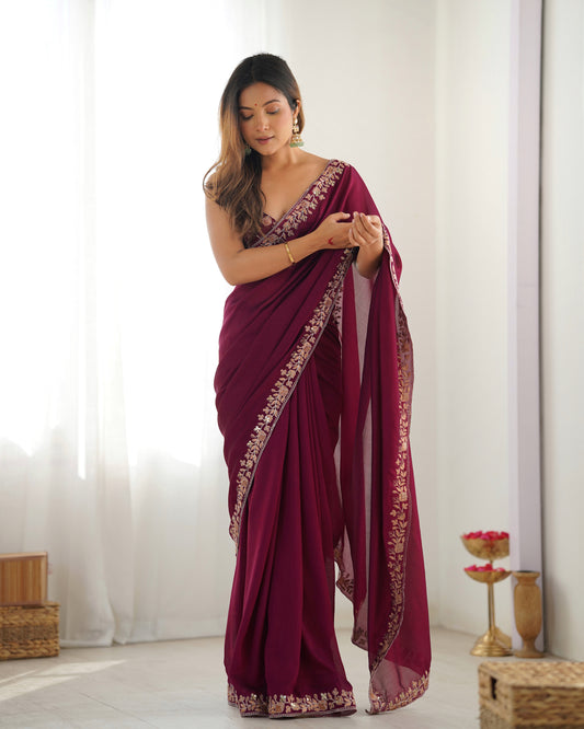 Wine Georgette Embroidered Saree
