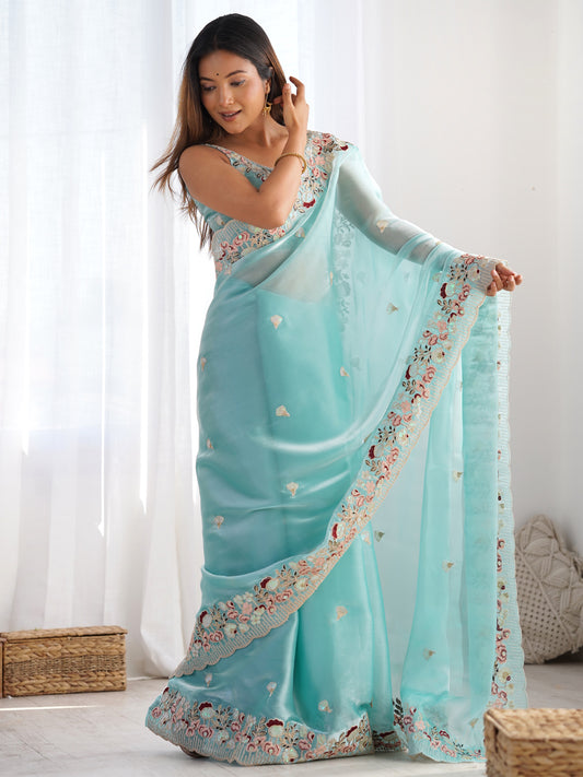 Sea Green Tissue Silk Embroidery Saree