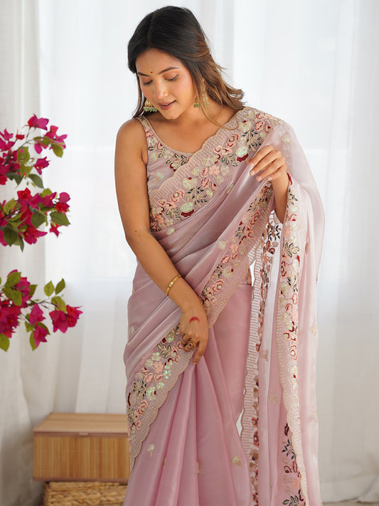 Pink Organza Emblished Party Wear Saree