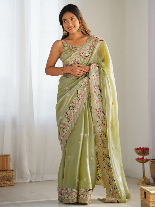 Pista Green Tissue Silk Embroidery Scalloped Saree