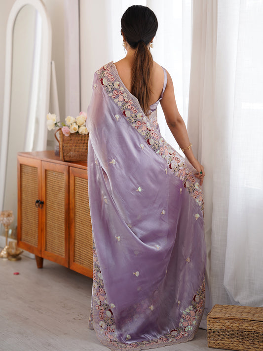 Lavender Tissue Saree with Floral Border