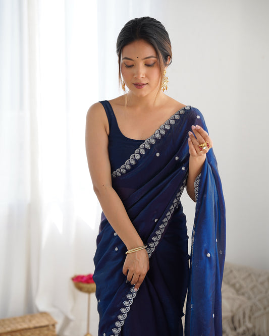 Navy Blue Embroidered Paper Silk Saree