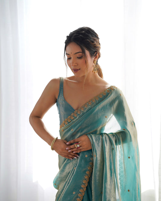 Aqua Blue Embroidered Paper Silk (Organza) Saree
