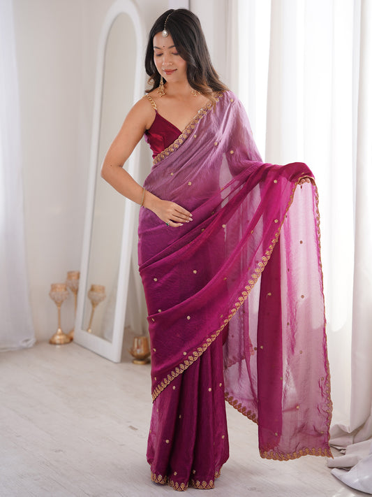 Magenta Tissue Silk Saree with Embroidered Border