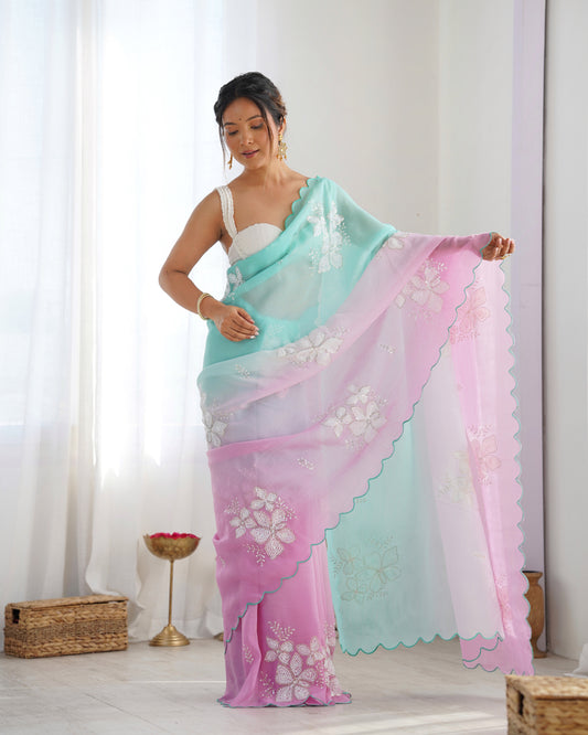 Ombre Organza Saree in Mint & Pink with Floral Embroidery