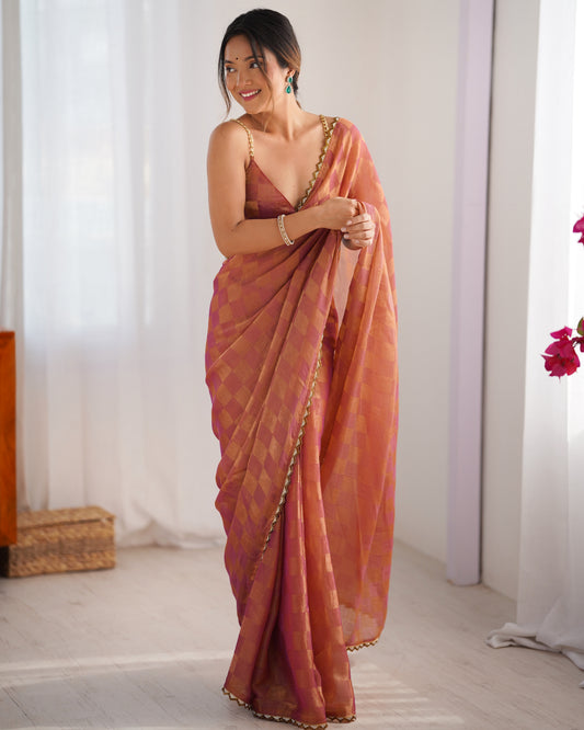 Organza Checks Saree in Dusty Rose & Peach