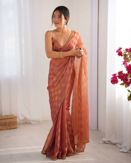 Organza Checks Saree in Dusty Rose & Peach