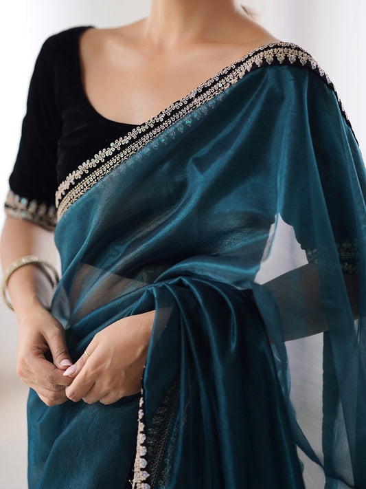 Teal Organza Saree with Embroidered Border & Blouse