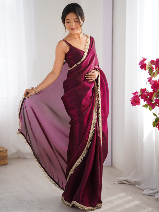 Wine Ombre Georgette Saree with Gold Fringe Tassel Border