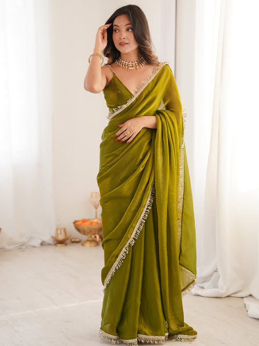 Olive Green Organza Saree with Gold Fringe Border