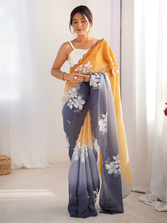 Ombre Organza Saree with Sequin Floral Embroidery – Yellow & Grey