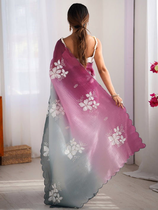 Ombre Organza Saree with Floral Embroidery – Pink & Grey